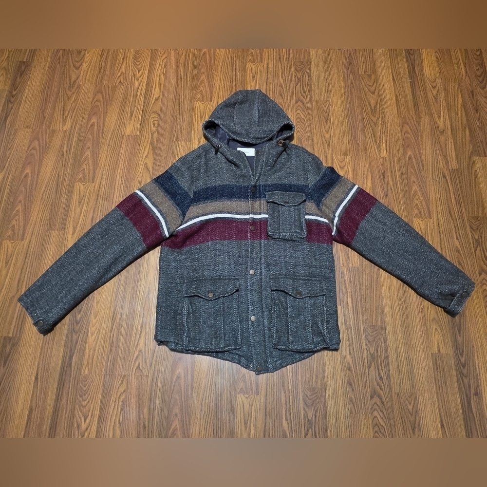 Lifetime Collective Men’s Large Wool Blend Hooded Zip Sweater Jacket Striped E26